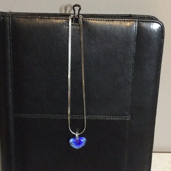 Blue flower heart on silver chain necklace - Picture 2 of 6